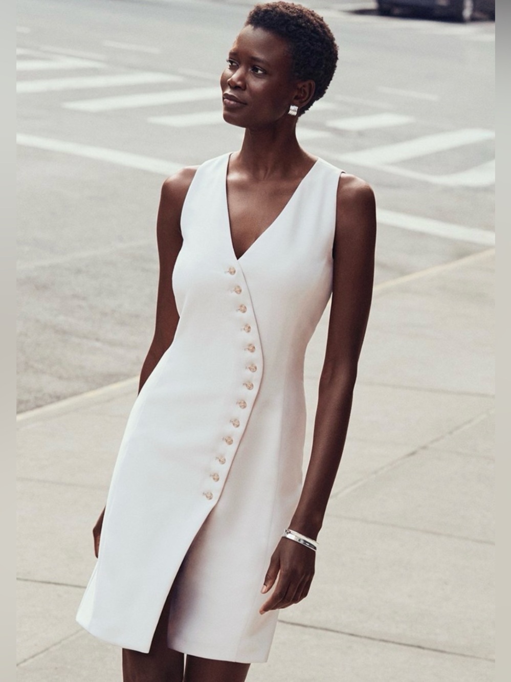 LOFT Versa Asymmetrical Button Sleeveless Shift Dress
